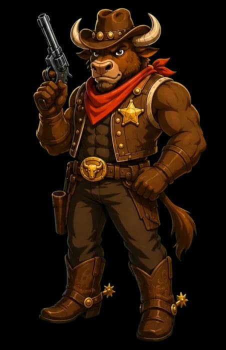 The Golden Cowboy bull with his revolver